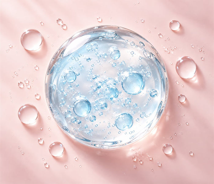 Clear blue gel droplet filled with moisture bubbles
