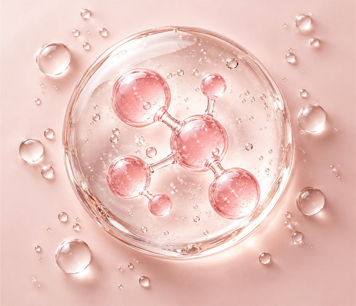 Pink molecule-shaped bubbles inside a clear droplet