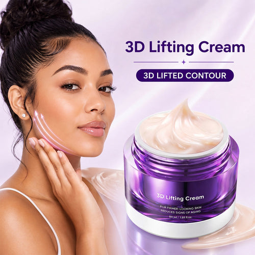 Woman with smooth skin holding the 3D Lifting Night Cream jar