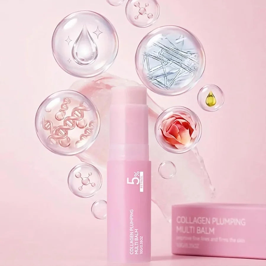 Collagen multi balm surrounded by ingredient bubbles