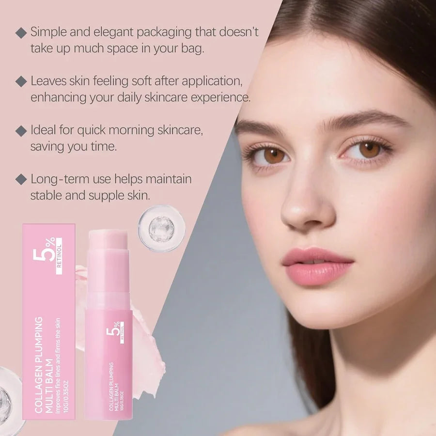 Woman with soft dewy skin beside the collagen balm