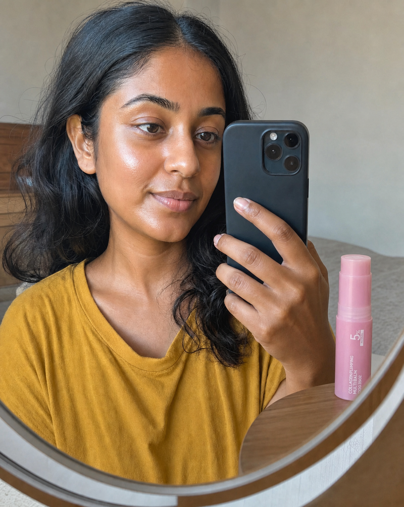 Woman holding the PDRN collagen balm stick