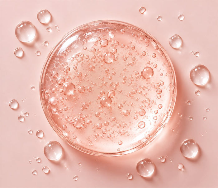 Clear gel droplet filled with tiny peach-pink bubbles