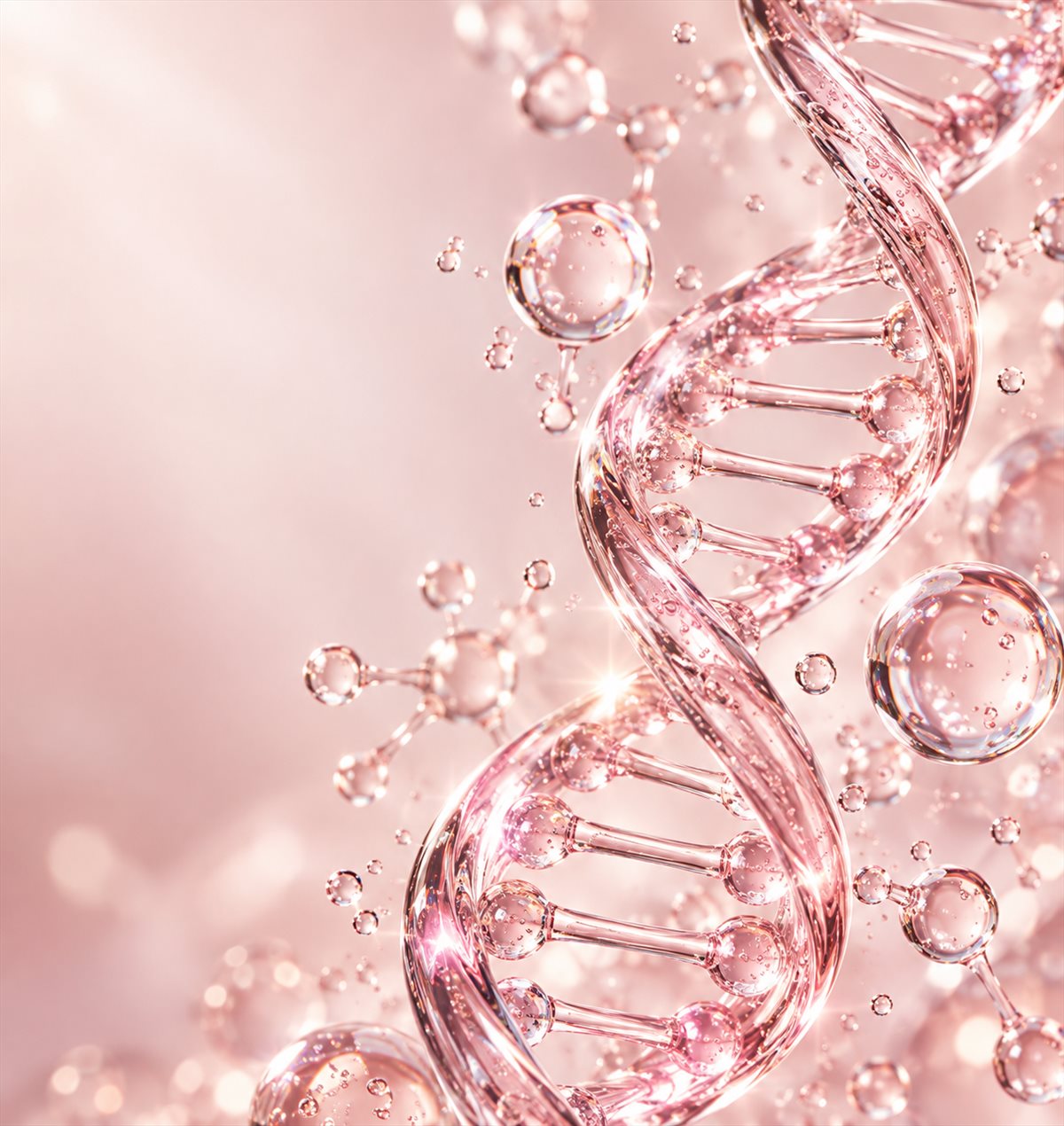 Pink glass DNA double helix surrounded by clear moisture bubbles, illustrating PDRN