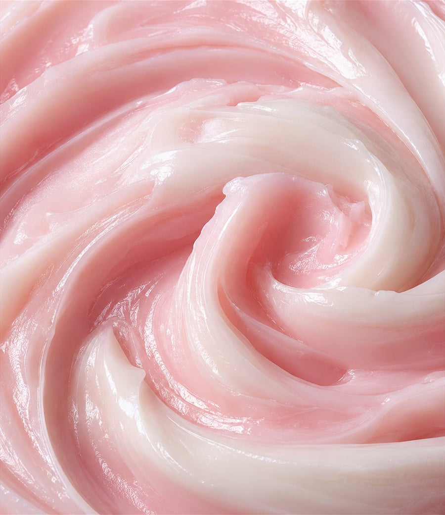 Swirl of soft pink balm texture, glossy and smooth
